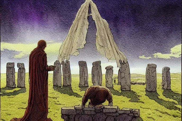 Image similar to a realistic and atmospheric watercolour fantasy concept art of a ufo landing in a floating stonehenge. one dirty medieval monk in grey robes is on his knees praying to the ufo. muted colors. by rebecca guay, michael kaluta, charles vess and jean moebius giraud