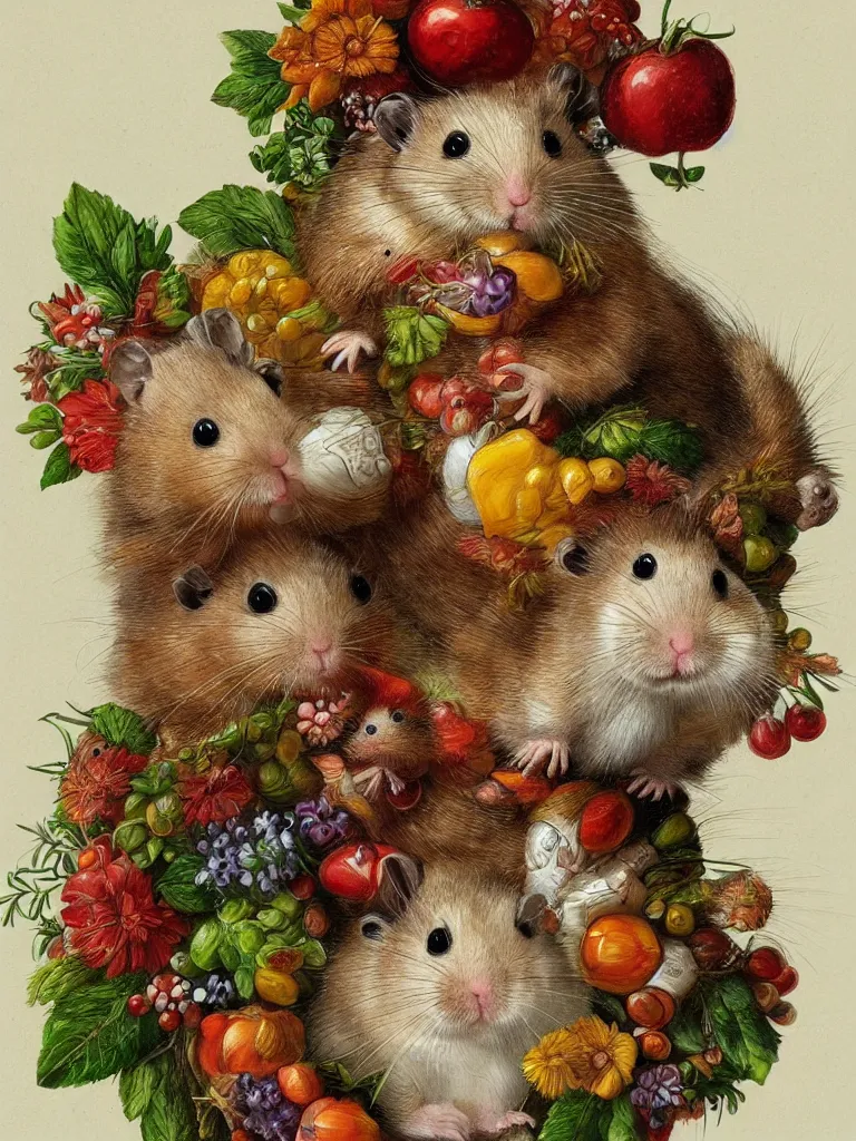 Image similar to Highly detailed cute hamster in the style of Guiseppe Arcimboldo, sharp, masterpiece, artstation