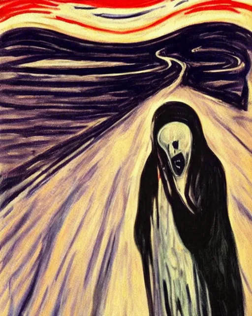 Image similar to a painting of ghostface in the scream by edvard munch