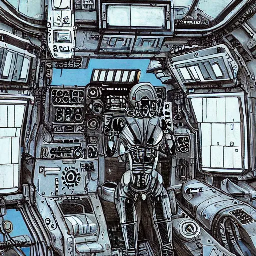 Prompt: cyborg pilot wired to commands, interior cockpit, hyperdetailed, by john blanche