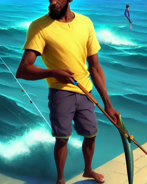 Image similar to a 3 0 - year old athletic and beautiful male jamaican, fisherman, modern clothing, magical fishing rod weapon, ocean background, unreal engine, fantasy art by greg rutkowski, loish, rhads, makoto shinkai and lois van baarle, ilya kuvshinov, rossdraws, tom bagshaw, global illumination, radiant light, detailed and intricate environment