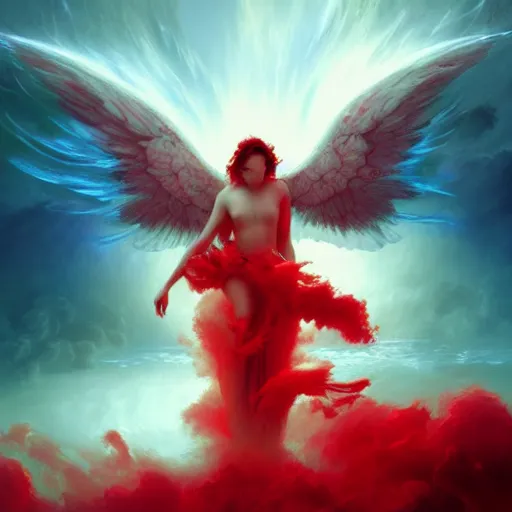 Image similar to a fallen angel in red fluid simulation, painting by ross tran and ivan aivazovsky