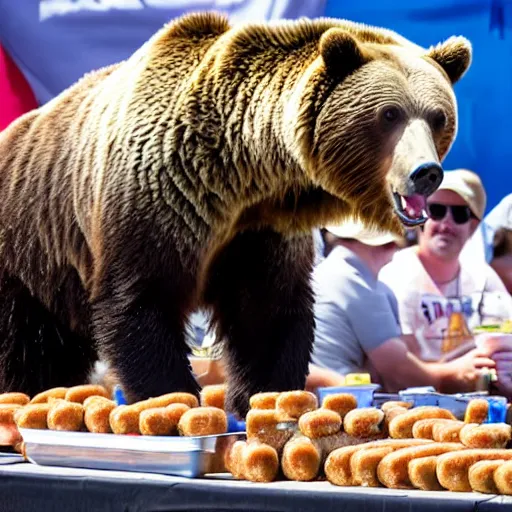 photo of a grizzly bear at a nathan's hot dog eating | Stable Diffusion ...