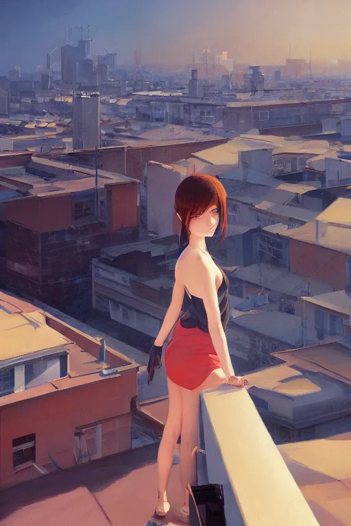 Prompt: A ultradetailed beautiful panting of a stylish girl painting on a canvas, she is standing on a rooftop, by Ilya Kuvshinov, Greg Rutkowski and Makoto Shinkai