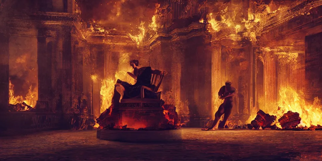 Prompt: Painting of Emperor Nero watching the great fire of rome, abstract, realism, 8k, detailed, terror, octane render, 3d render, complex emotion, glow