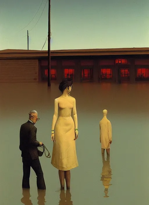 Prompt: westworld android dressed in transparent plastic bags, on flooded street Edward Hopper and James Gilleard, Zdzislaw Beksinski, highly detailed