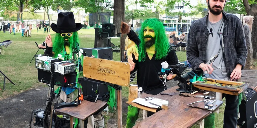 Image similar to a green-haired, funky, rustic, gentle metro dingo sound guy with a Salvador Dali moustache mixes a band in the park