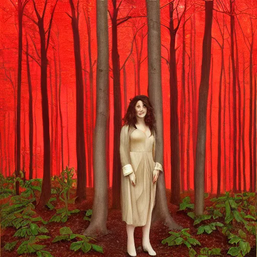 Prompt: kate bush standing in a red leafed a forest where no one is around to hear it, incredibly detailed oil painting, high octane, trending on artstation, incredible fineline, regal, fine art museum piece, drum scanner