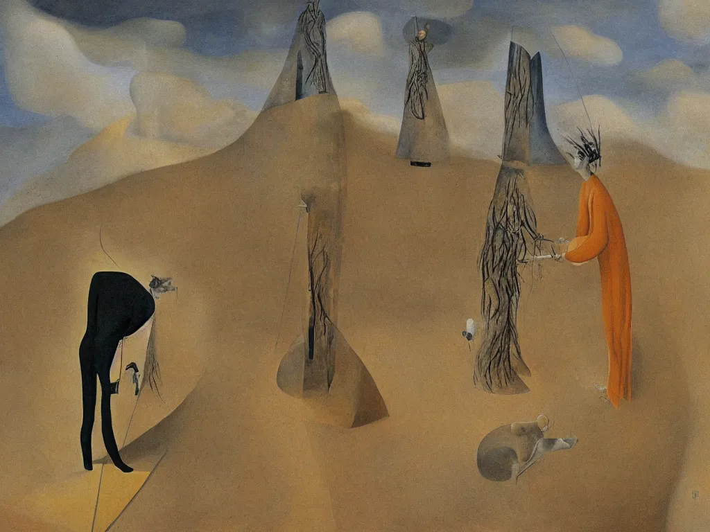 Prompt: scene with figure in the desert. painting by remedios varo