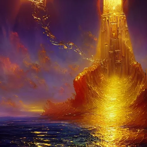 Prompt: a sparkling gold fantasy tower with splashes upwards from a turbulent ocean, dramatic lighting, shimmering sunlight, beautiful oil painting, artstation