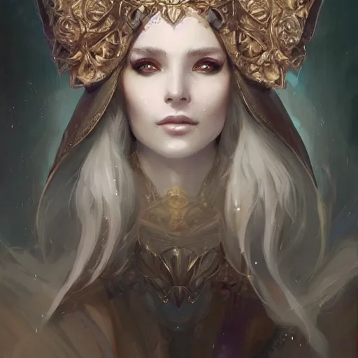 Prompt: portrait of a beautiful sorceress in an ornate hood, by charlie bowater, loish, peter mohrbacher, artgerm, greg rutkowski, krenz cushart, wlop