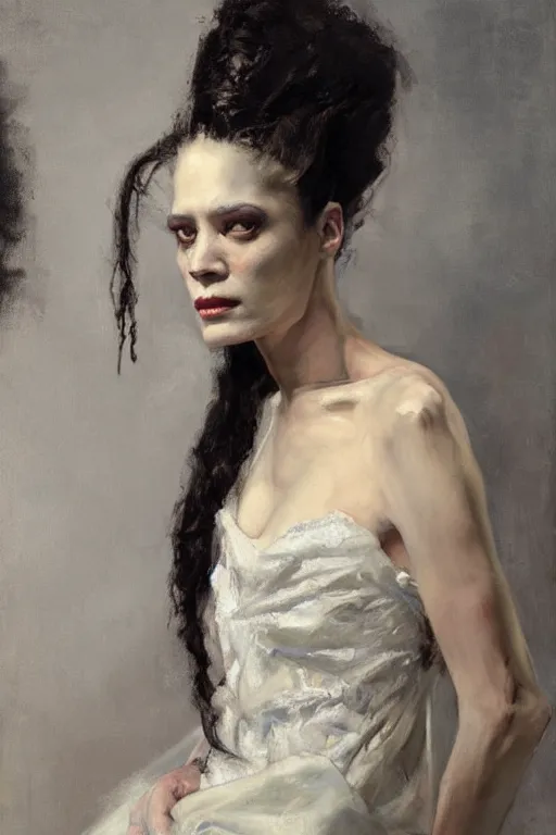 Image similar to Richard Schmid and Jeremy Lipking full length portrait painting of the Bride of Frankenstein