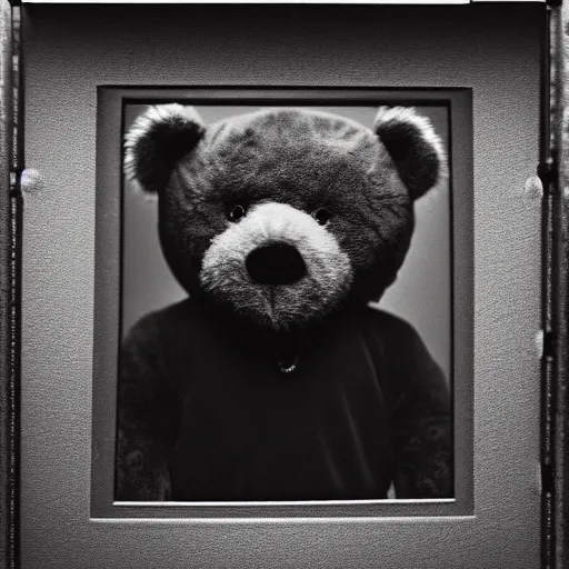 Prompt: a ( ( chiaroscuro lighting portrait ) ) of kanye west dressed as teddy bear mascot, black background, portrait by julia margaret cameron, shallow depth of field, 8 0 mm, f 1. 8