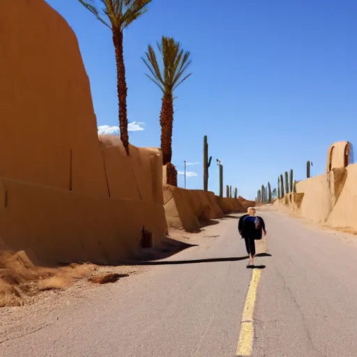 Prompt: walking into the future down a street in the desert