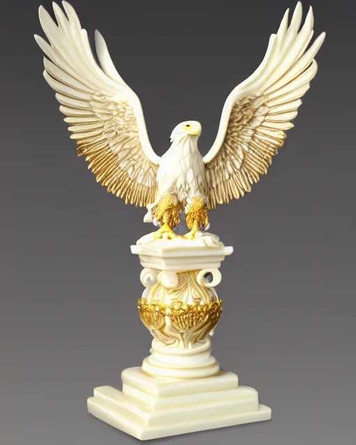 Image similar to gorgeous ornated snow white porcelain realistic detailed sacred bald eagle statue with golden filigree carved out of ivory, high resolution photo, crisp