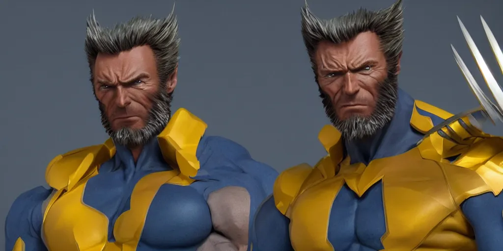 Image similar to clint eastwood as wolverine in blue and yellow costume, octane render, beautiful composition, trending on artstation, award - winning photograph, masterpiece