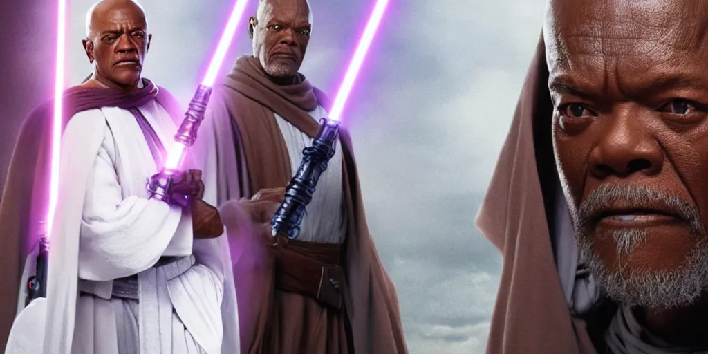 Image similar to obi - wan kenobi disney plus show, old mace windu played by samuel l jackson, standing alone, accurate ultra realistic faces, 4 k, movie still, uhd, sharp, detailed, cinematic, render, modern