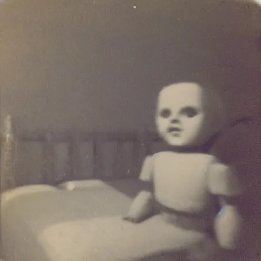 Image similar to a very beautiful old polaroid picture of a creepy doll in a bedroom on a bed, award winning photography