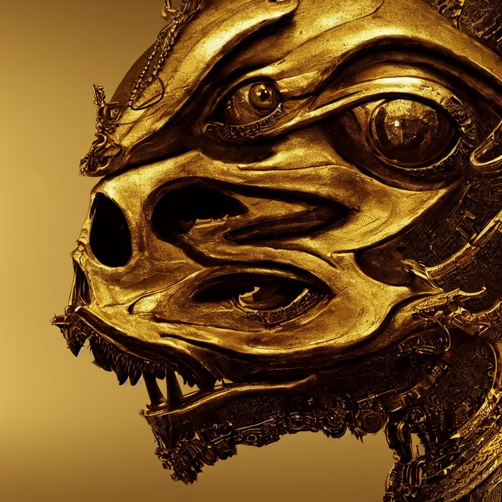 Image similar to Photorealistic epic egyptian god face close-up portrait ram skull, jackal skull, gold. ominous, ancient magic, intricate artwork by Tooth Wu and wlop and beeple and ryohei hase. octane render, trending on artstation, greg rutkowski very coherent symmetrical artwork. cinematic, hyper realism, high detail, octane render, 8k