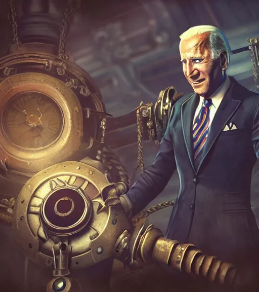 Prompt: joe biden cosplaying bioshock, by wlop, by simon stalengrad, bioshock screenshot, photorealistic fan art, intricate shading, steampunk, patriot