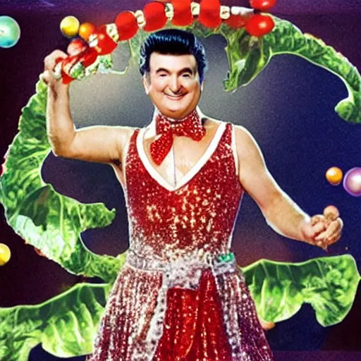 Image similar to liberace tossing a salad, bubbles coming out of his ears, glittery border,