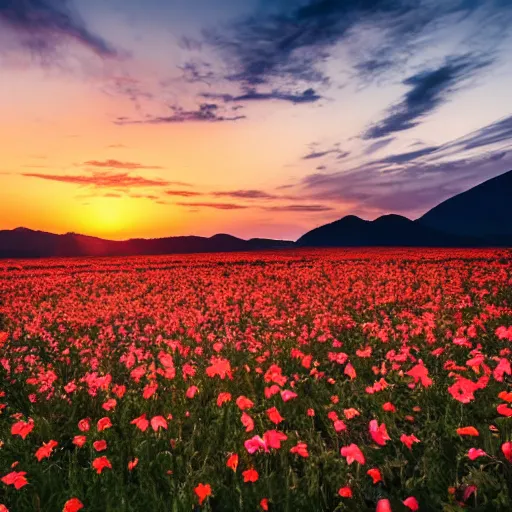 Prompt: landscape of a fower field with a sunset behind a hill in the background