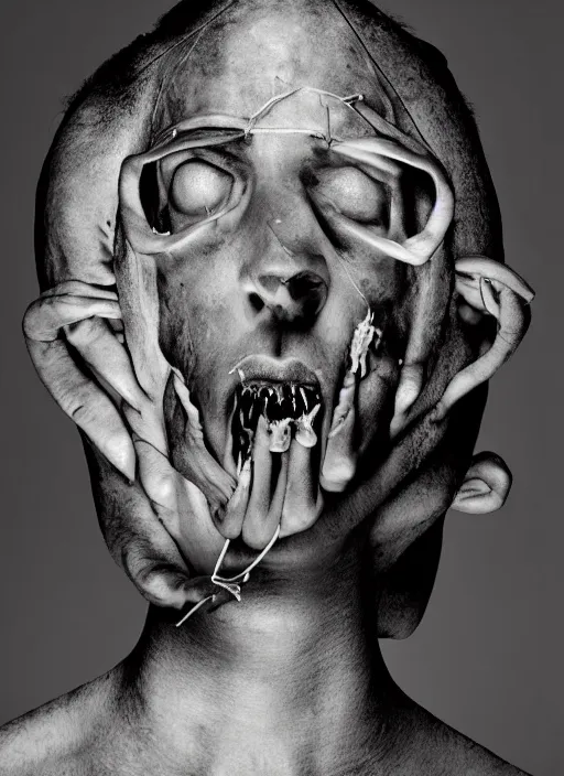 Prompt: stunning documentary style photo of experimental surgery of a man sewn together to another man with multiple heads multiple arms grotesque twisted vein covered splotchy skin of despair, painful merging of bodies disgusted siamese horror conjoined psychotic painful people award winning style photography irving penn