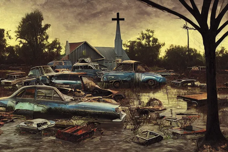 Image similar to scene from louisiana swamps, old protestant church with neon cross, junkyard by the road, boy scout troop, voodoo artwork by tim eitel