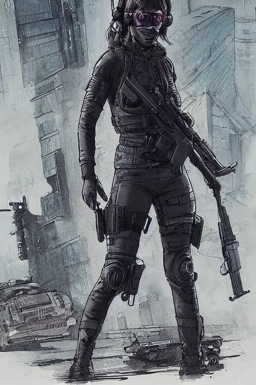 Image similar to maria. Deadly blackops mercenary in tactical gear and cyberpunk headset. Blade Runner 2049. concept art by James Gurney and Mœbius.