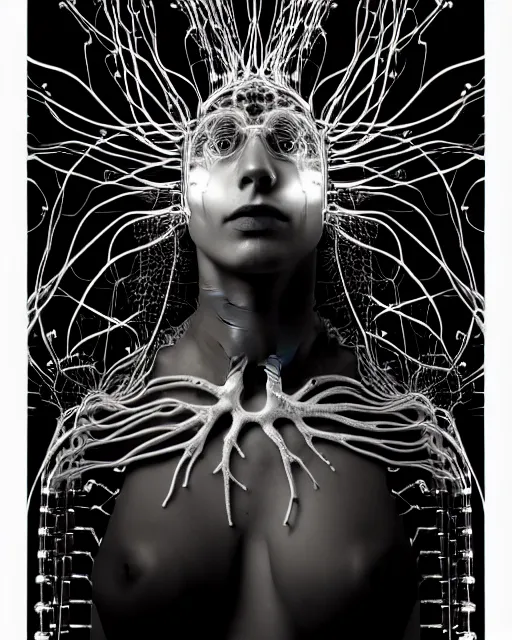 Image similar to black and white cyborg-plant goddess high quality photo, microchip, artificial intelligence, bio-mechanical bio-luminescence, black wired cables, neurons, nerve cells, octane render, cinematic, rim light, hyper realism, photo-realistic, high detail, 8k, masterpiece, high fashion, in the style of Steven Meisel and Dora Maar and H.G. Giger