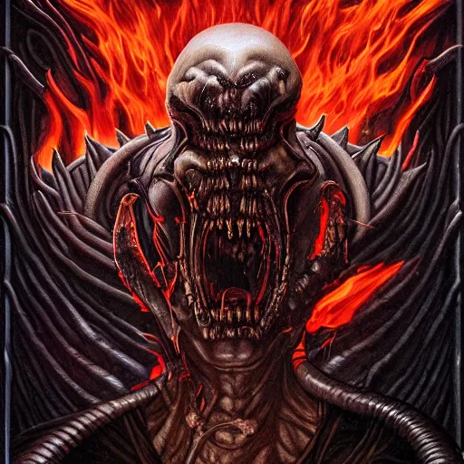 Prompt: doom giger venom demon portrait in hell, fire and flame , Pixar style, by Tristan Eaton Stanley Artgerm and Tom Bagshaw.