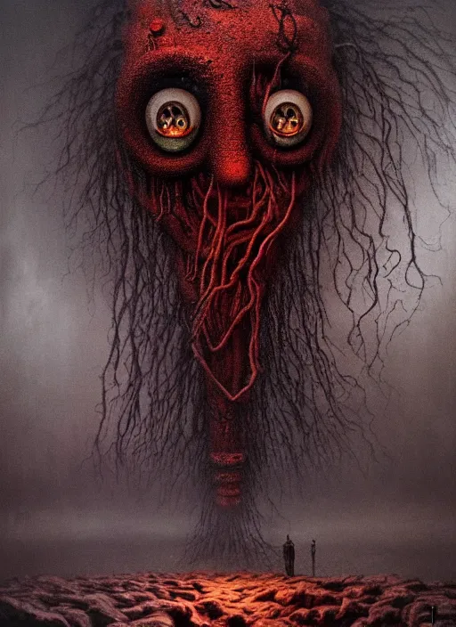 Image similar to thomas the tank engine in style of zdzisław beksinski, extremely dramatic lighting, 8 k, tendrils, black, darkness, black slime tendrils, infected, rust, body horror, thomas the train, thomas the tank engine face, horror,