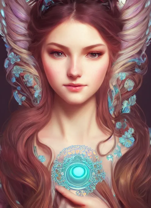 Prompt: beautiful girl with long turqoise hair, cute, ornamental halo, intricate, highly detailed, digital painting, trending on artstation, concept art, smooth, sharp focus, backlit, rim light, vivid colors, illustration, unreal engine 5, 8 k, art by rossdraws and alphonse mucha