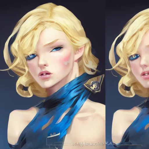 Image similar to portrait of beautiful girl with blond hair and blue eyes, League of Legend illustration by Sam Youn:1, profile picture by Gil Elvgren:2, Krenz Cushart:2, asymmetrical, Organic Painting, Ambient Occlusion:3, Matte Painting, bold shapes, hard edges, street art, trending on artstation, realistic:2 by Sachin Teng:5