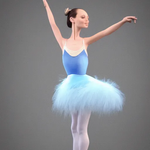 Prompt: 3 d rendering of a ballerina with a porcelain doll head, blue feathers in background, diffused lighting, highly detailed, perfect human body with only two arms and two legs,