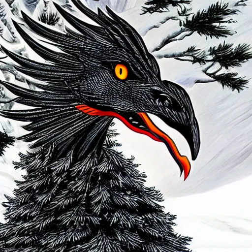 Image similar to black eagle with red eyes fighting a white dragon over a spruce tree forest