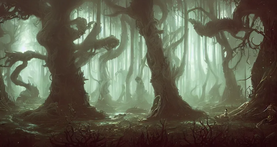 Prompt: A dense and dark enchanted forest with a swamp, by Peter Mohrbacher