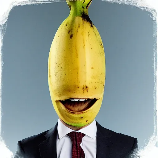 Image similar to banana head, a man wearing a suit banana head