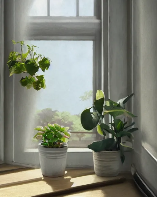 Prompt: a plant on a window sill, sunbeams, natural lighting. 8 k, octane render, full shot. by makoto shinkai, stanley artgerm lau, wlop, rossdraws, james jean, andrei riabovitchev, marc simonetti, krenz cushart, sakimichan, d & d trending on artstation, digital art.