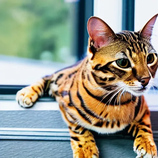 Prompt: Bengal cat sitting on the window,sunny