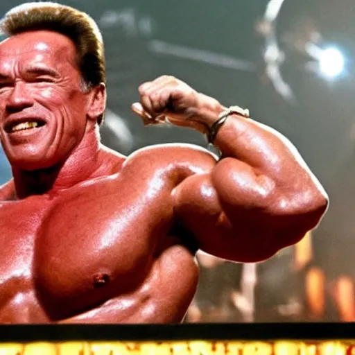 Image similar to arnold schwarzenegger as a thick pork sausage