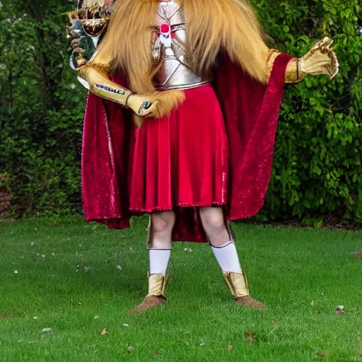 Prompt: award winning cosplay photo of a lion wearing a crown, detailed fur, 4k 8k, red velvet cape, anthropomorphic lion, comicon, cosplay contest, wizard of oz