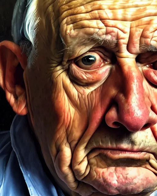 Image similar to an extreme close up portrait a very ordinary old man with an sad expression, side angle, head and shoulders shot, by Lucian Freud and Jenny Saville, oil painting, anatomically correct, beautiful perfect face, visible brushstrokes, sharp focus, Highly Detailed, Cinematic Lighting, 8k, HD