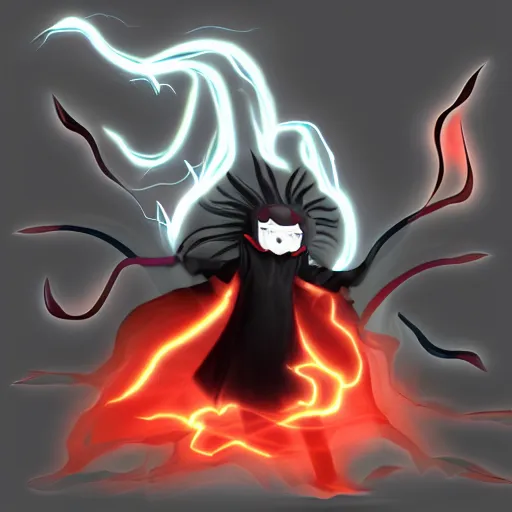 Image similar to Demon boy with upturned electrified hair, mazoku, yokai, VFX, digital art, vantablack cloak