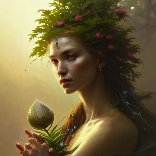 Image similar to a beautiful portrait of a plant goddess by Greg Rutkowski and Raymond Swanland, Trending on Artstation, ultra realistic digital art