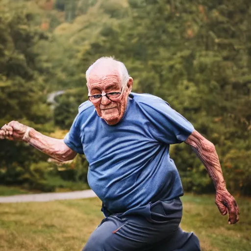 Prompt: An elderly man running from a giant humanoid sausage, Canon EOS R3, f/1.4, ISO 200, 1/160s, 8K, RAW, unedited, symmetrical balance, in-frame