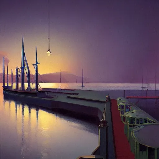 Image similar to Old victorian harbour at dusk, very coherent, painted by Edward Hopper, Wayne Barlowe, painted by James Gilleard, airbrush, art by JamesJean