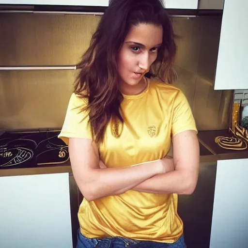 Image similar to an instagram photo of a brunette female, young, athletic, australian, wearing a gold tshirt in a kitchen