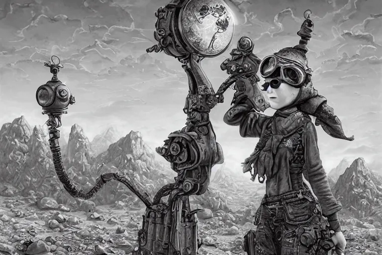 Image similar to a highly detailed forgotten garden gnome wearing goggles and head scarf surviving in a vast barren desert, hopeless wasteland background with a relentless raging sun overhead, post - apocalyptic road warrior vibe, dynamic pose, an ultrafine detailed painting by joe fenton, trending on deviantart, pop surrealism, whimsical, lowbrow, perfect symmetrical face, sharp focus, octane, masterpiece