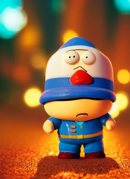 Image similar to a 2 8 mm macro photo of eric cartman funko pop, splash art, movie still, bokeh, canon 5 0 mm, cinematic lighting, dramatic, film, photography, golden hour, depth of field, award - winning, anamorphic lens flare, 8 k, hyper detailed, 3 5 mm film grain